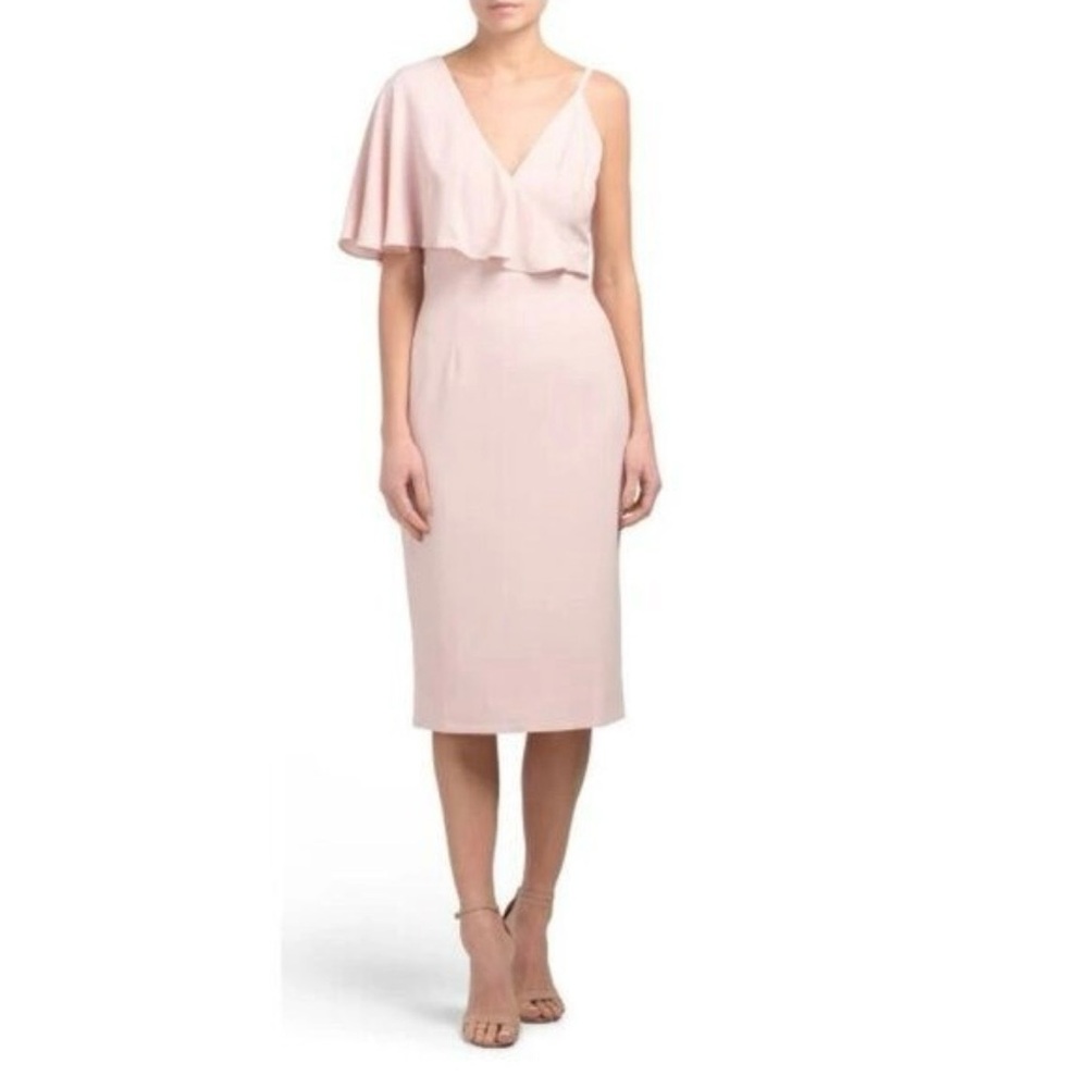 NWT Dress the Population Beth Midi Dress Asymmetrical Powder‎ Blush Pink Sz MD